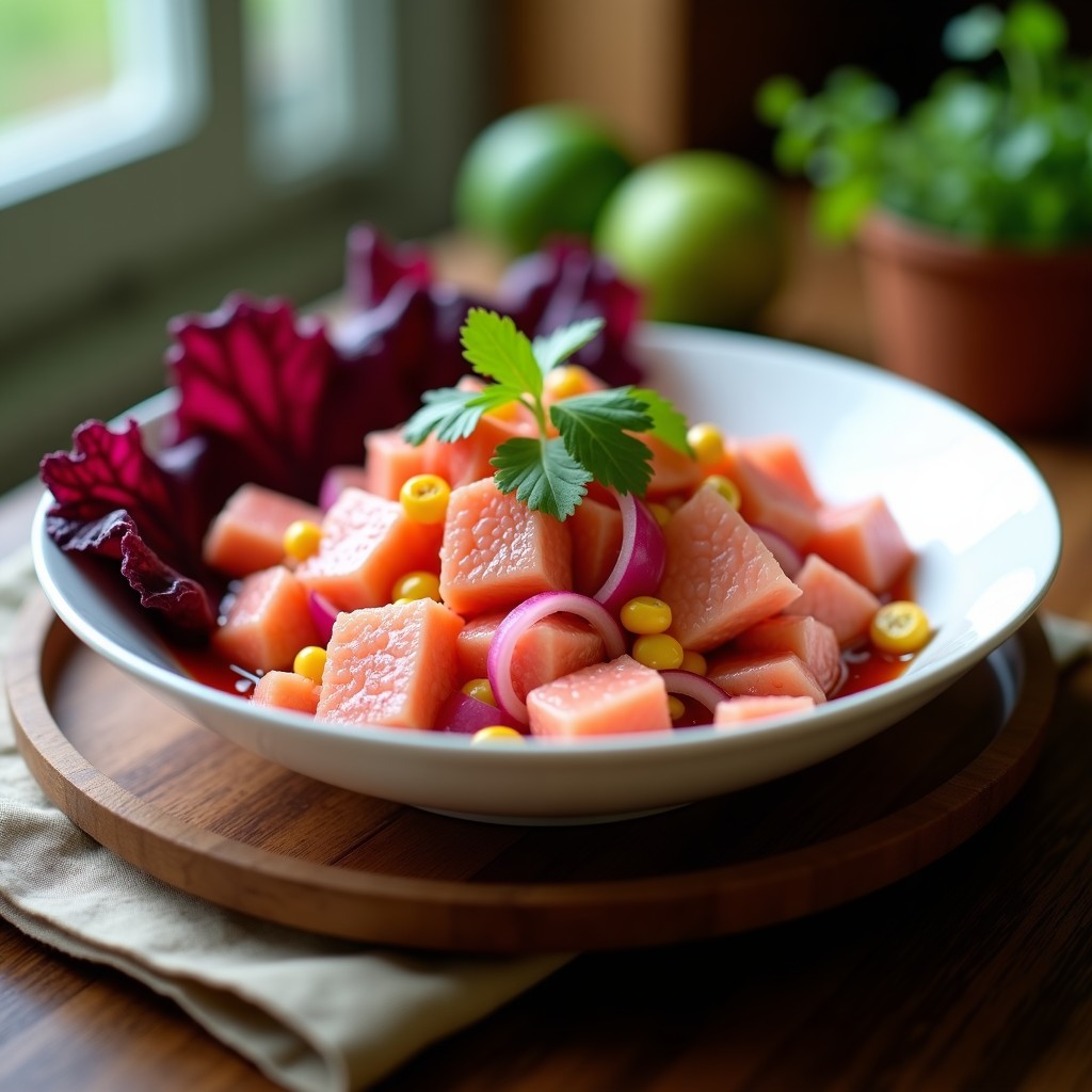 Plato de ceviche de corvina con leche de tigre rosa y remolacha, servido sobre hojas de lechuga morada, acompañado de rodajas de camote morado, maíz tostado y decorado con culantro fresco.