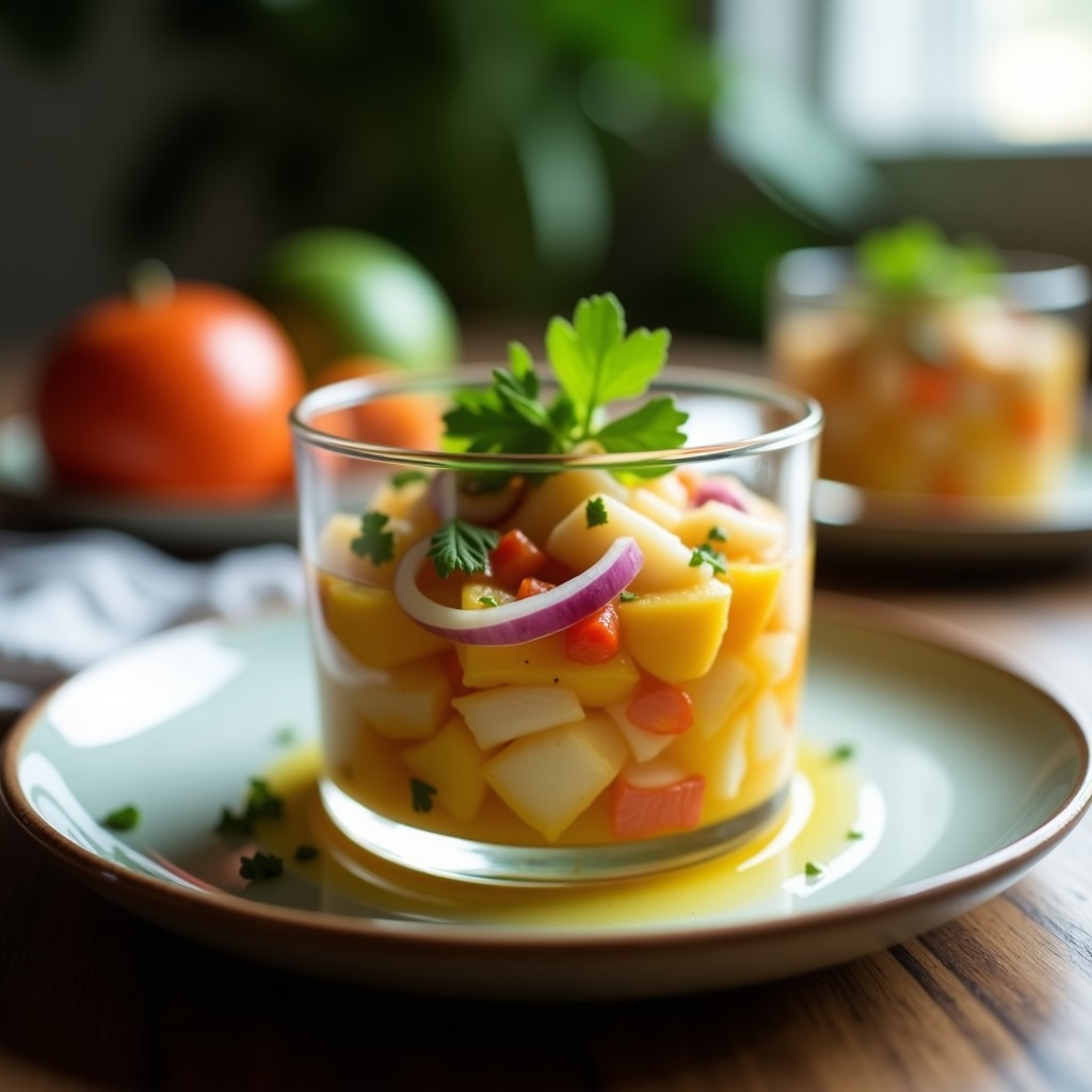 Ceviche de corvina al limón verde y cúrcuma servido en copa de cristal transparente, con trozos de corvina marinada en jugo cítrico dorado, cebolla morada en juliana, pimiento rojo en cubos y cilantro fresco. Plato keto y sin gluten con fondo de mesa rústica de madera.