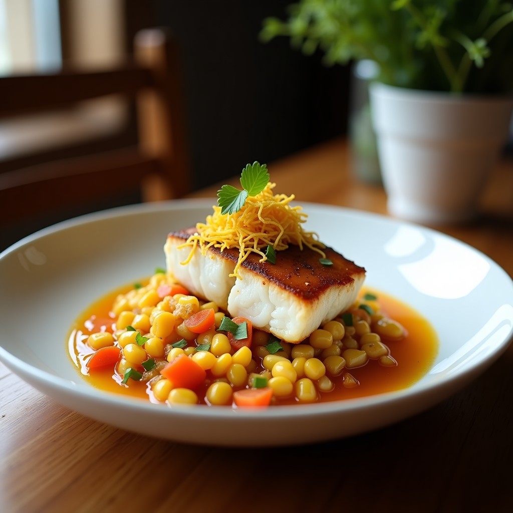 Plato hondo de cerámica blanca con ceviche de corvina y lulo, cubos de pescado marinado en jugo cítrico, decorado con rodajas de aguacate, hojas de hierbabuena y crujiente de maíz tostado espolvoreado por encima, receta colombiana fresca y colorida.