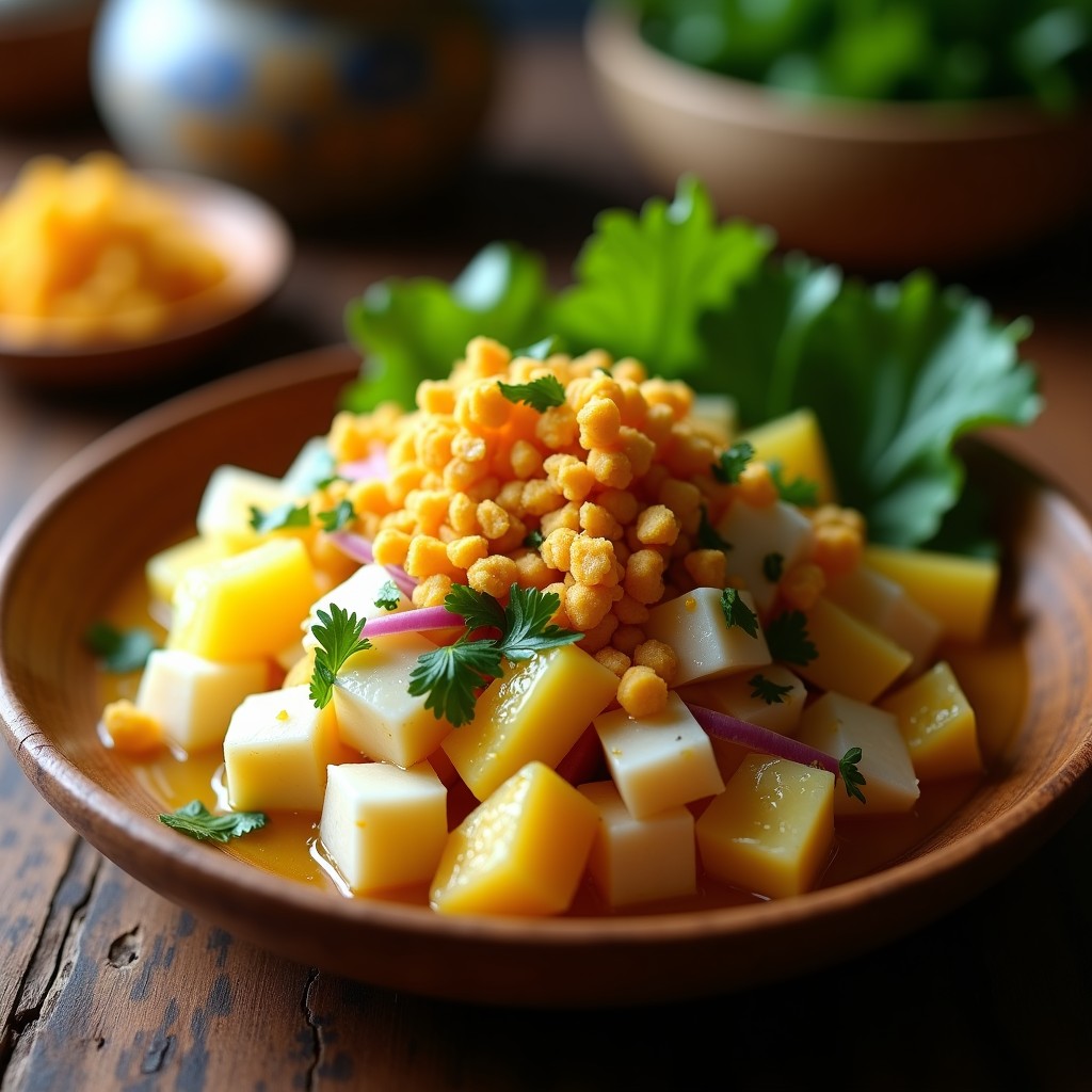 Plato elegante de ceviche de corvina y maracuyá con trozos de pescado blanco, maracuyá amarilla y crocante de maíz dorado, decorado con culantro fresco sobre fondo rústico de madera. Receta peruana gourmet.