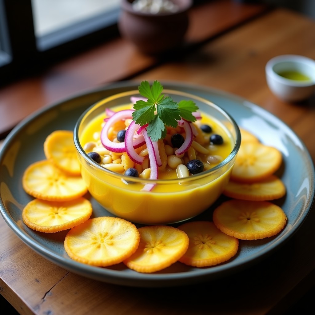 Plato de ceviche de corvina y maracuyá con cruzanos de plátano macho dorados, servido sobre hojas de lechuga morada. El ceviche muestra trozos de corvina marinada en leche de tigre amarilla, cebolla roja, cilantro y ají amarillo, acompañado de crujientes rodajas de plátano macho frito. Decorado con semillas de sésamo y un toque de maracuyá fresco.