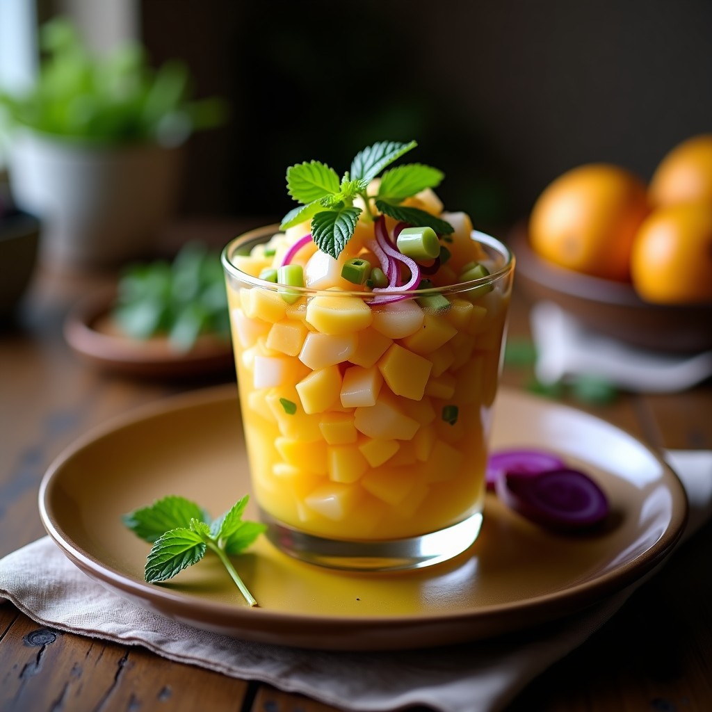 Ceviche de corvina en copa de cristal con Tigre’s Milk de pasión y maracuyá, decorado con cilantro fresco y granos de pimienta rosa sobre hielo picado, receta gourmet peruana.