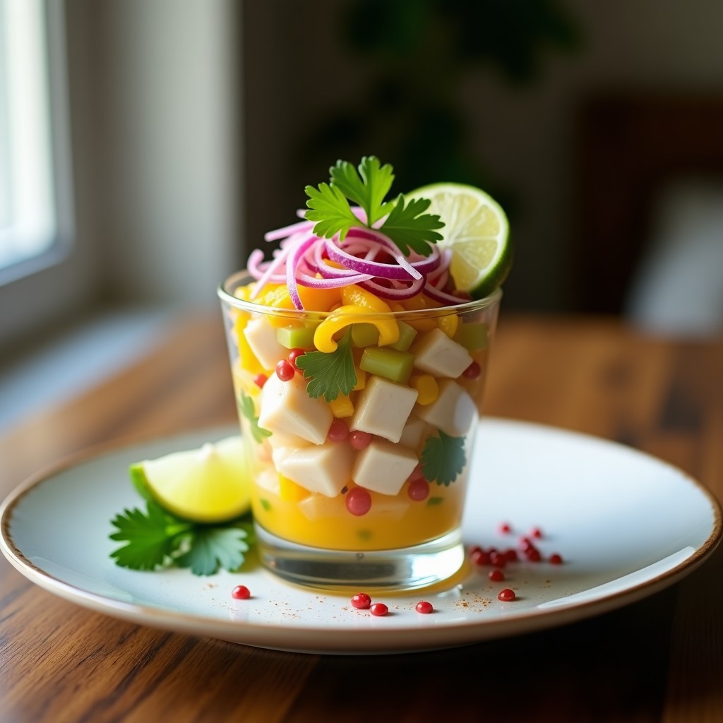 Plato de ceviche de corvina al vino blanco servido en bowl de cerámica blanca, con cubos de corvina marinados en leche de tigre transparente, cebolla morada en juliana, pimiento amarillo en cubos y culantro fresco. Acompañado de rodajas de camote morado y maíz tostado, con decoración de hojas de culantro y hilo de leche de tigre alrededor.