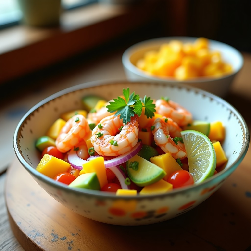 Copa de cristal transparente con ceviche de camarón, aguacate en cubos, mango y cebolla morada, decorado con cilantro fresco y acompañado de maíz tostado, receta airfryer.