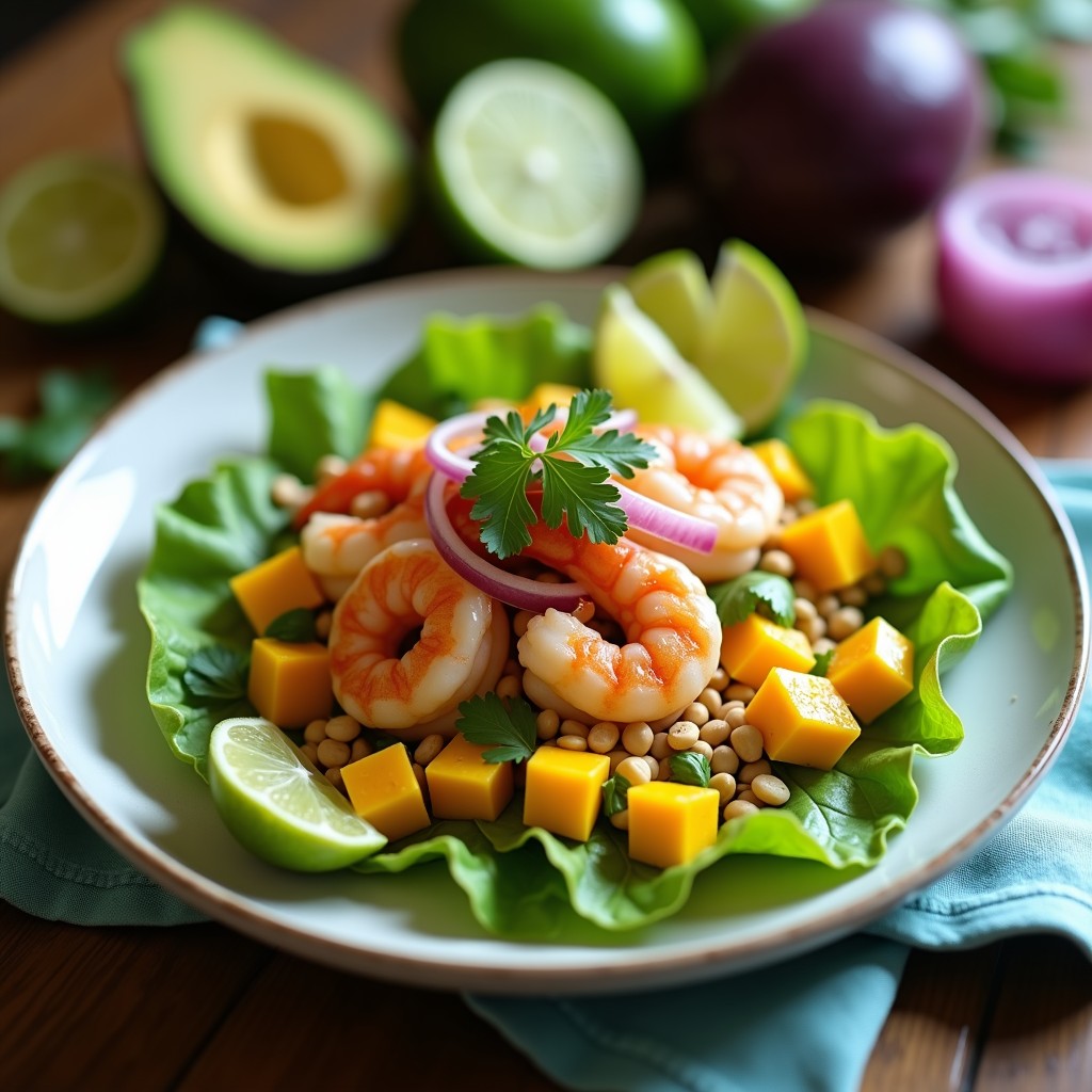 Plato de ceviche de camarón con mango y aguacate servido en hoja de lechuga, con rodajas de limón y camote morado al lado, receta peruana fresca y colorida.