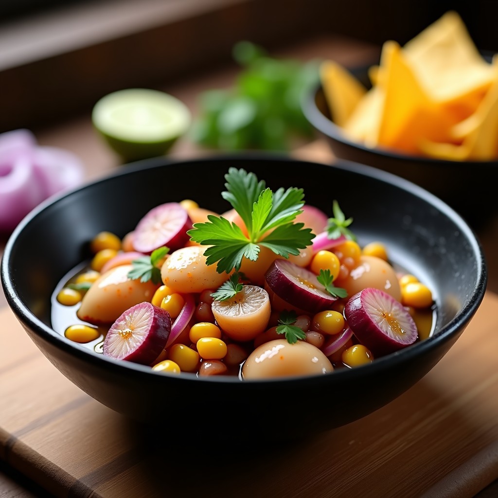 Plato hondo de cerámica negra con ceviche de pulpo ahumado, trozos de pulpo marinado en limón, cebolla morada, culantro, camote morado y choclo, decorado con chips de maíz tostado y aceite de oliva.