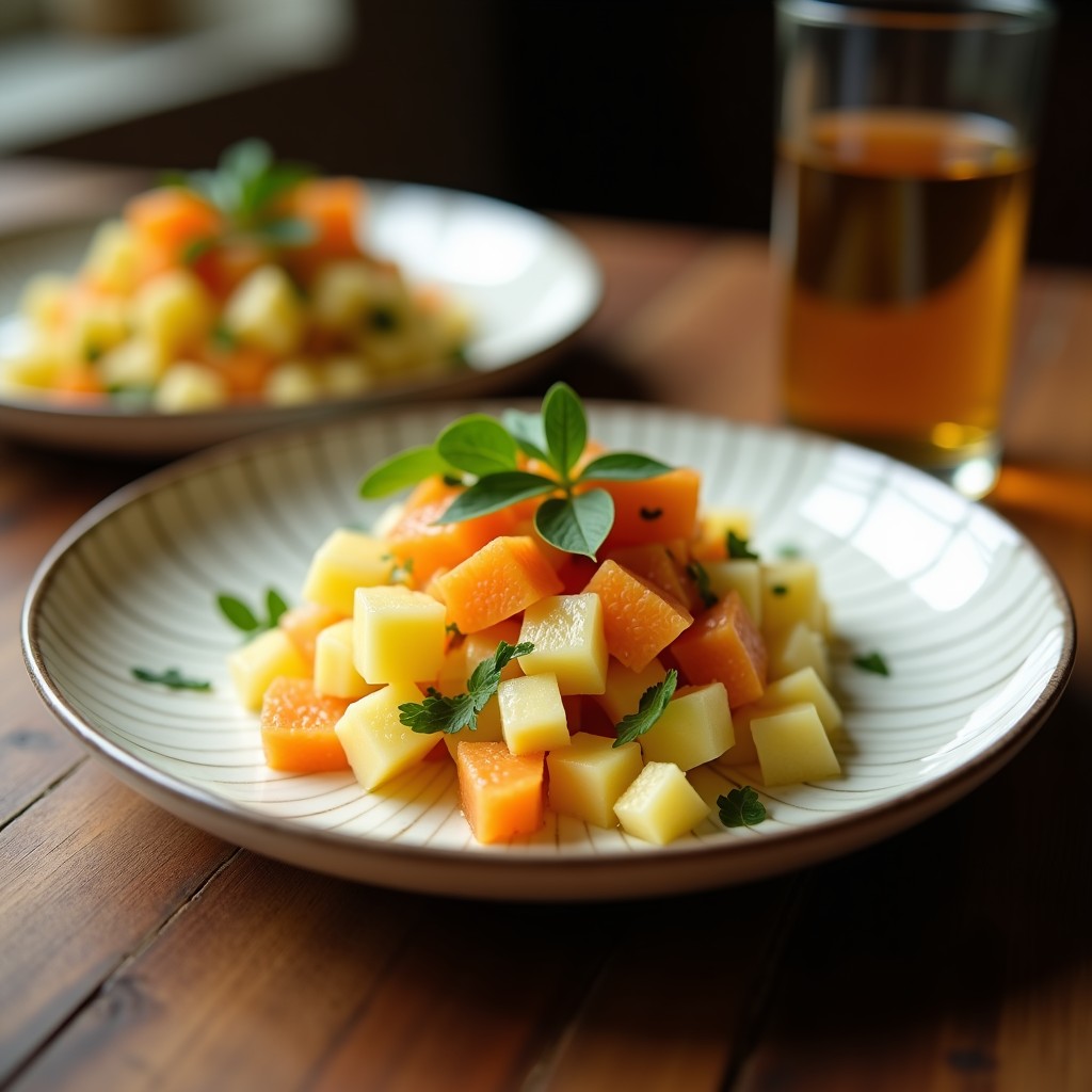 Plato blanco con ceviche de hearts of palm en rodajas gruesas marinados en leche de coco y cítricos, servido sobre hojas de lechuga romana. Decorado con tomates cherry, cebolla morada, cilantro fresco y rodajas de lima. Fondo de madera rústica con luz natural.