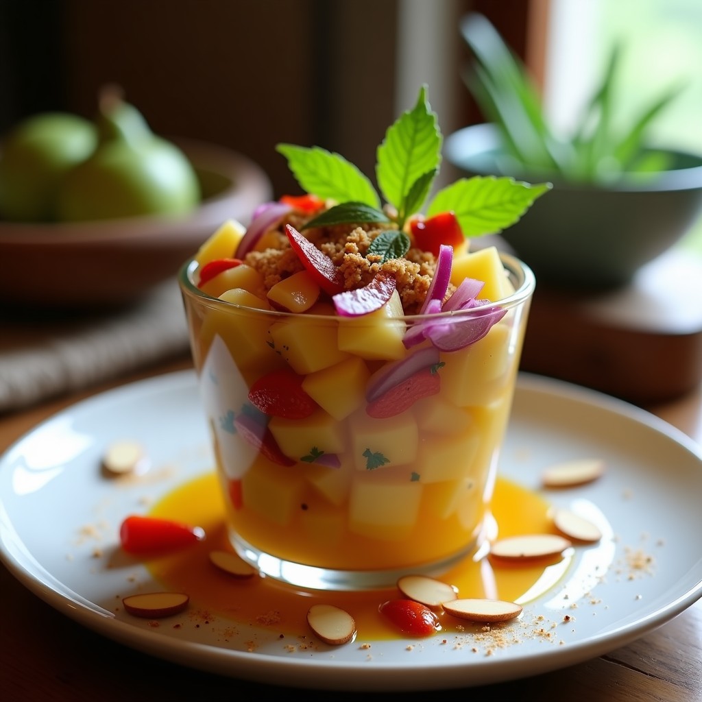 Plato blanco hondo con ceviche de higos chumbos en cubos, bañados en jugo de lima y aceite de argán, decorado con menta fresca, semillas de sésamo y rodajas de lima. Fondo con pan de pita y especias marroquíes.