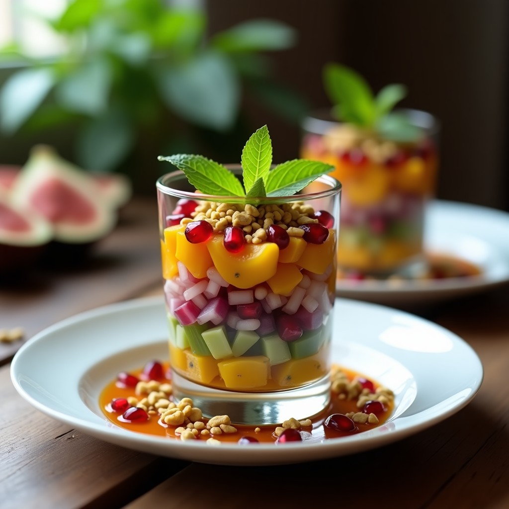 Ceviche vegano persa en copa de cristal con capas de higos frescos, granados, cebolla morada y pimiento amarillo, decorado con pistachos tostados y hierbabuena, bañado en vinagreta de vinagre de Módena.