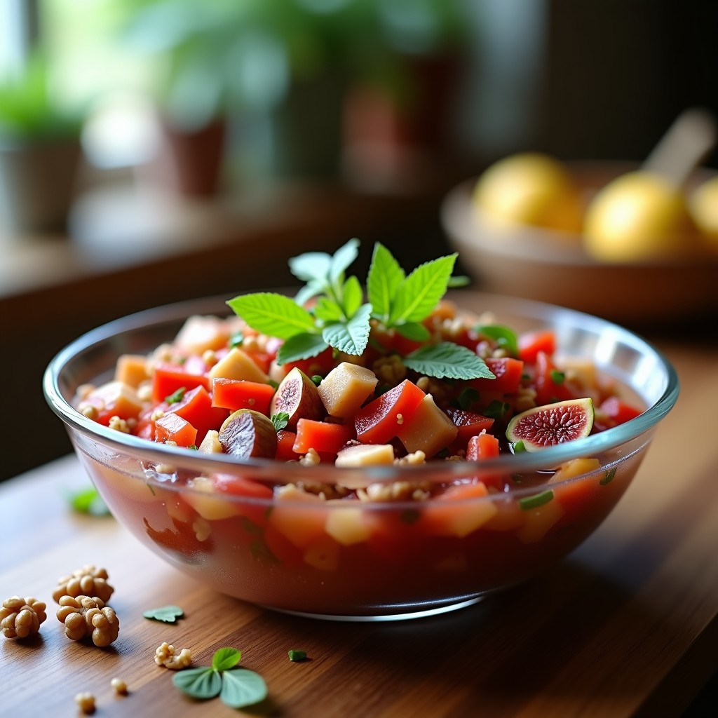 Plato de ceiche vegano con higos verdes en cubos, nueces tostadas, cebolla morada y cilantro, bañado en vinagreta de vinagre de manzana, servido en un bol blanco sobre fondo de madera clara.