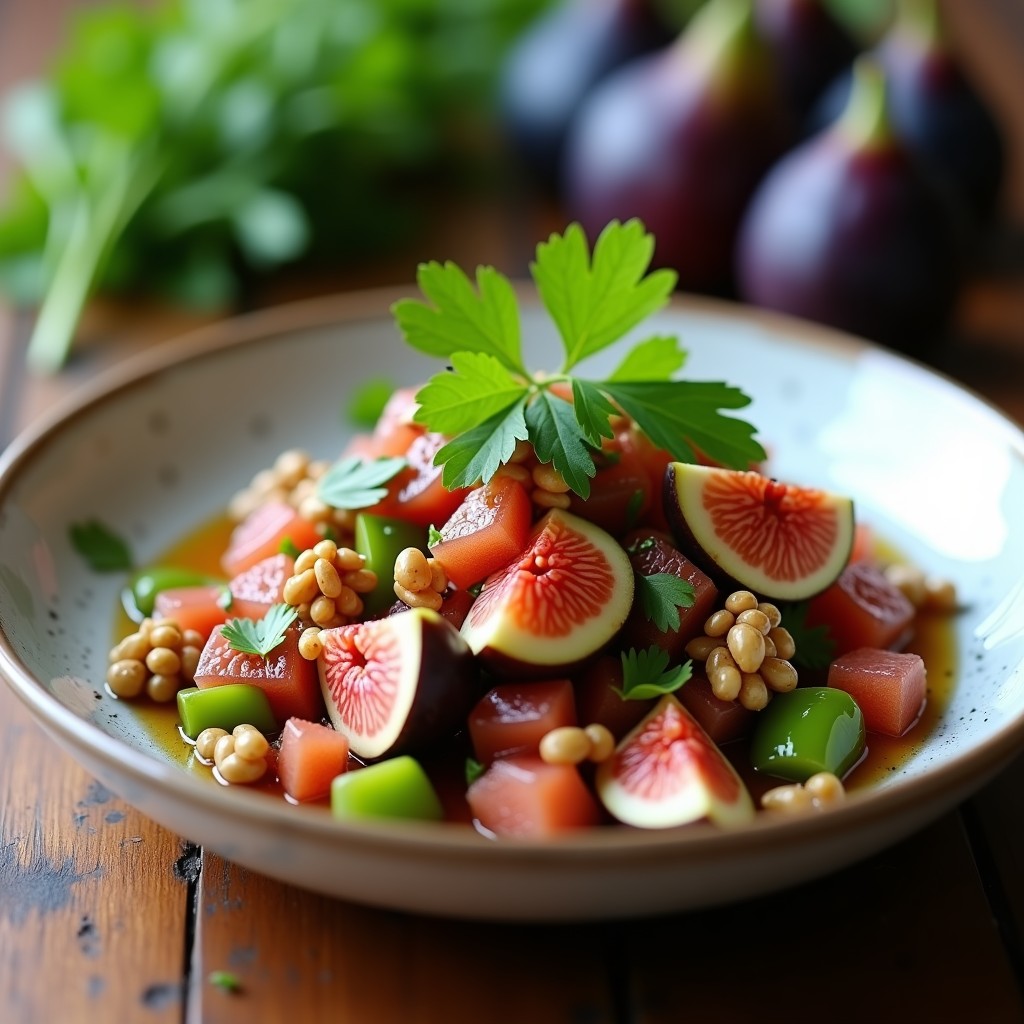 Copa de cristal transparente con ceviche de higos y nuez, mostrando trozos de higo maduro, nueces tostadas, cebolla morada y cilantro fresco, bañado en un marinado dorado. Plato de entrante español vegano con toques dulces y salados.