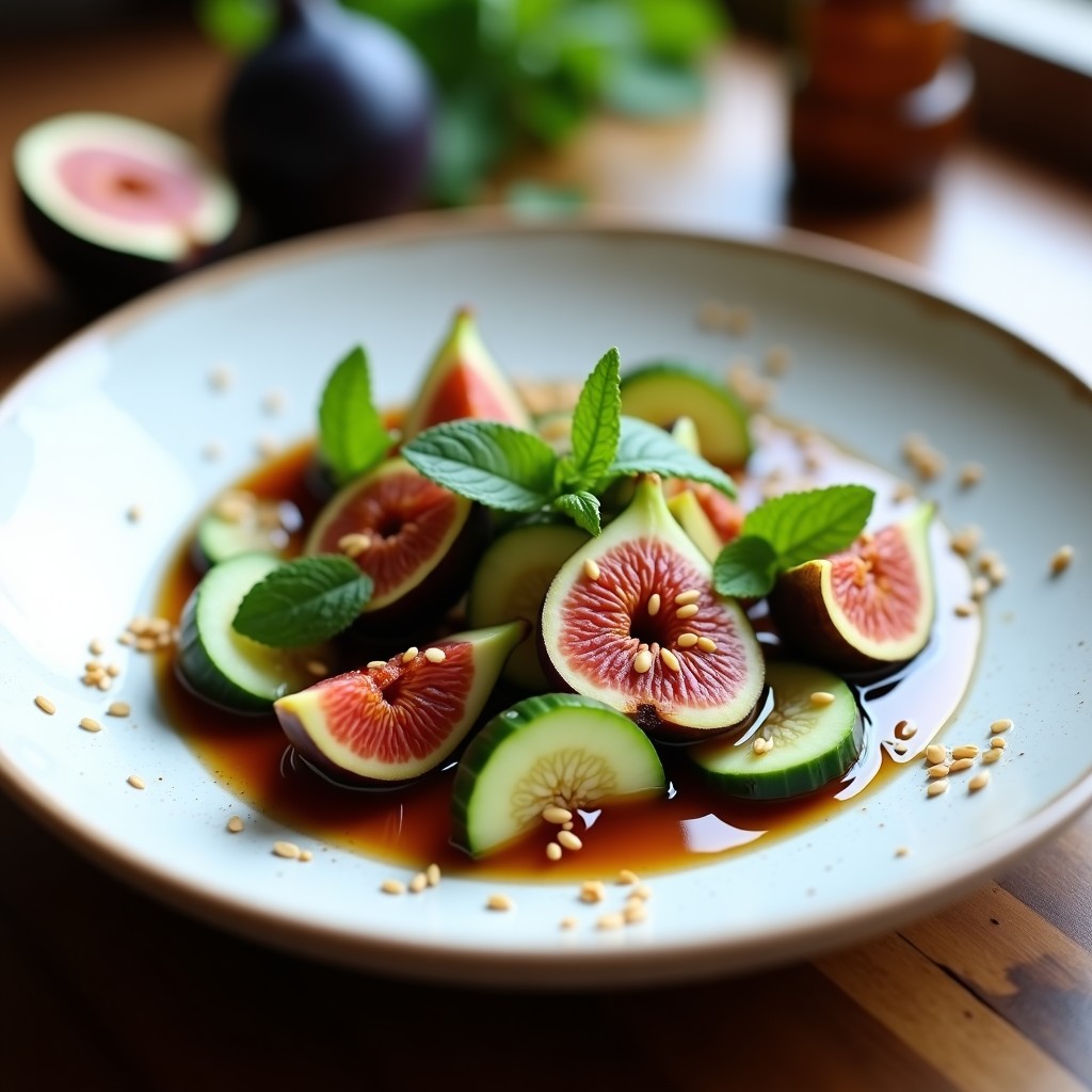 Ceviche vegano de higos maduros en rodajas y pepino inglés en medias lunas, bañado en vinagreta brillante de vinagre de Módena, decorado con hojas de menta fresca y semillas de sésamo tostado sobre un plato blanco rústico.