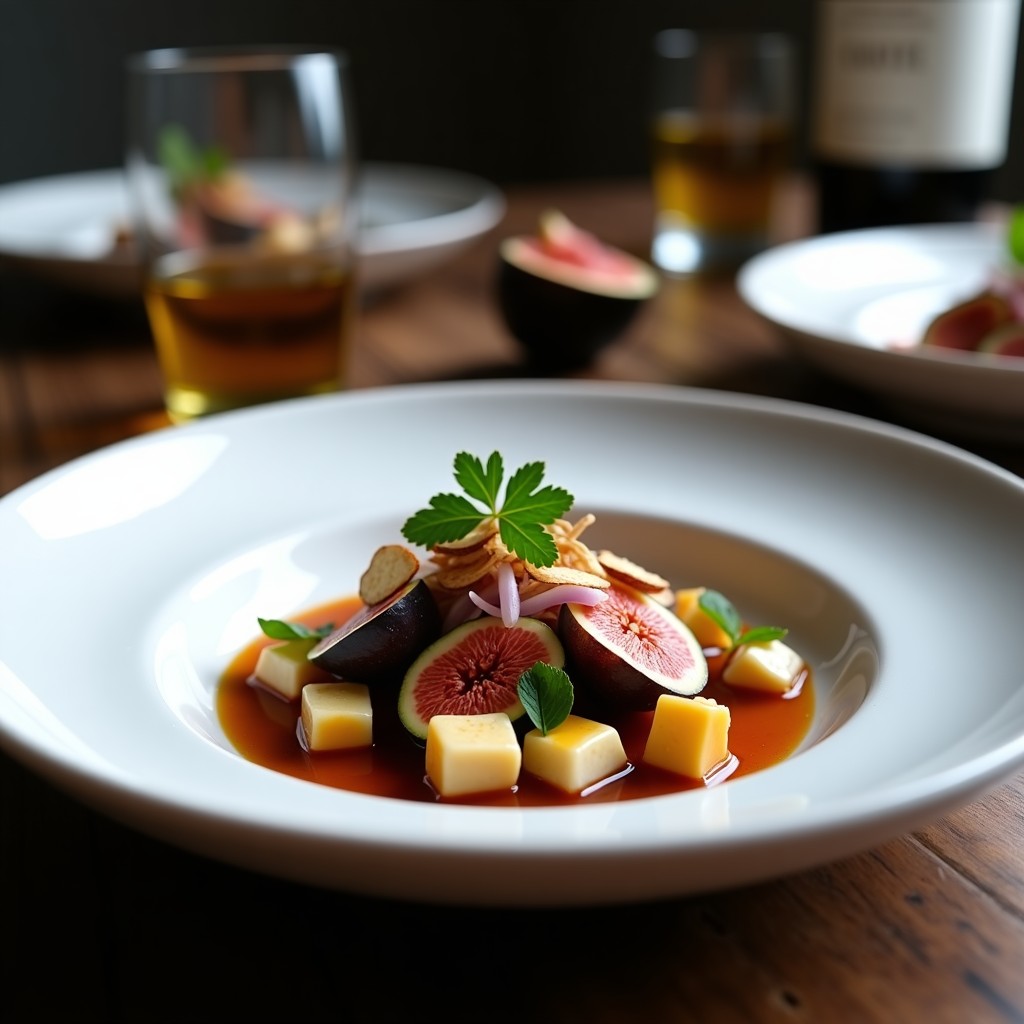 Ceviche andaluz de higos frescos en cubos y queso de cabra en dados, bañado en reducción brillante de Pedro Ximénez, decorado con almendras laminadas y perejil fresco sobre fondo rústico de madera oscura.