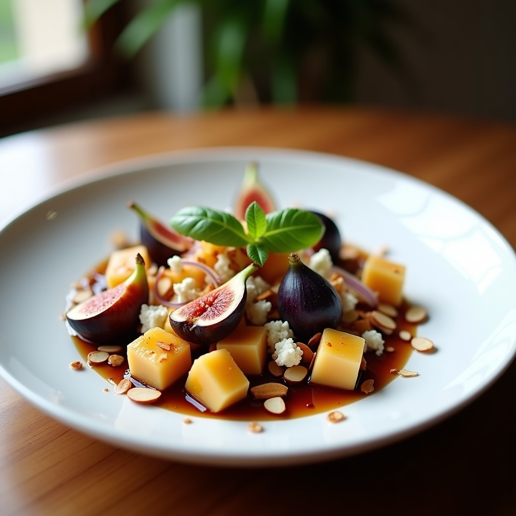 Ceviche italiano vegano de higos frescos en cubos, queso de cabra vegano desmenuzado, cebolla morada en juliana y pimiento asado, bañado en vinagreta de vinagre balsámico. Decorado con almendras tostadas, hojas de albahaca y virutas de chocolate negro sobre un plato de cerámica blanca.