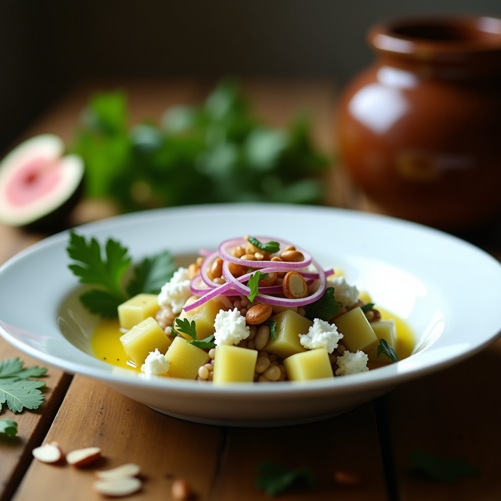Ceviche de higos verdes en cubos con queso de cabra desmenuzado, cebolla morada en juliana y almendras tostadas, servido en bol blanco sobre mesa rústica con hojas de cilantro fresco.