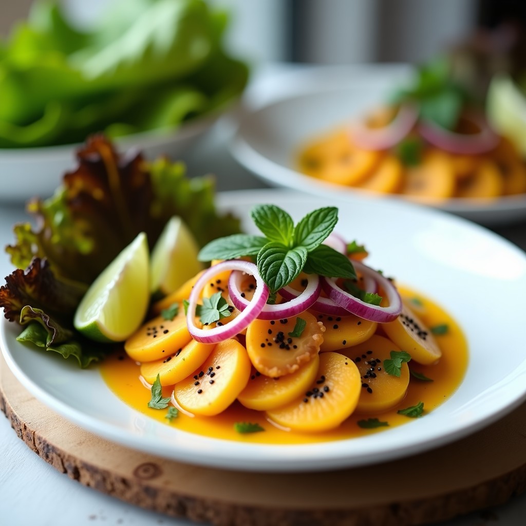 Plato de ceviche vegano con bastones de hongo King Oyster marinados en leche de tigre de maracuyá, decorado con semillas de sésamo, cilantro fresco y cebolla morada sobre hojas de lechuga romana. Presentación tropical y colorida.
