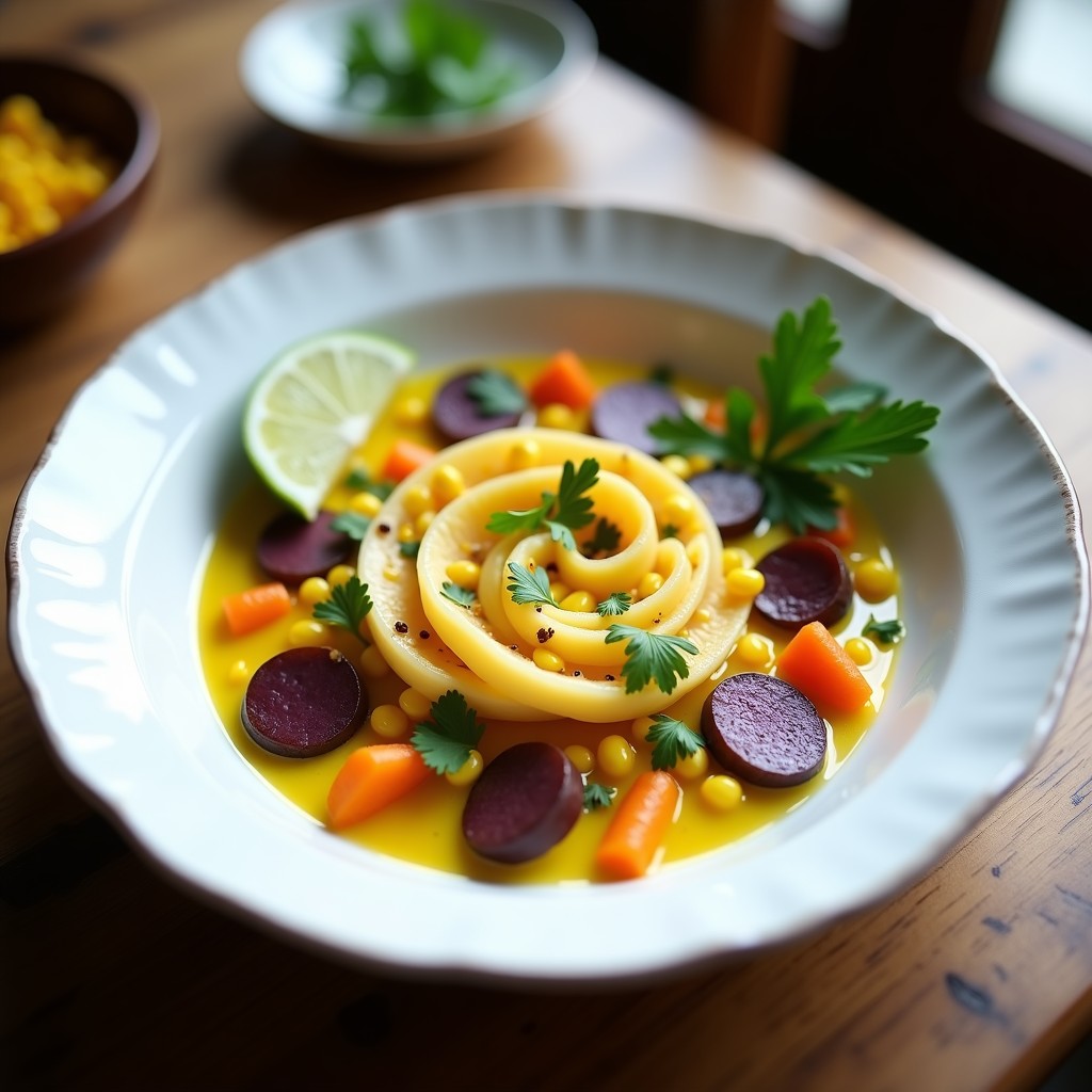 Plato hondo blanco con cevičche de hongo ostra en láminas finas, bañados en leche de tigre de maracuyá amarilla vibrante, acompañado de rodajas de papa morada, camote amarillo y maíz tostado, decorado con hojas de culantro y una rodaja de limón verde.