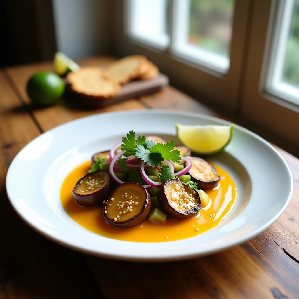 Plato de ceviche vegano de hongos ostra marinados en leche de tigre de mango, decorado con cebolla roja, culantro y chile serrano, servido en un bol de cerámica blanca sobre fondo rústico.