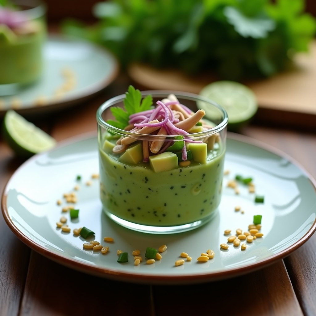 Ceviche vegano peruano de hongos ostra marinados en leche de tigre verde, servido en plato blanco con aguacate, apio, pepino y semillas de sésamo. Fondos de hojas verdes y limones cortados.
