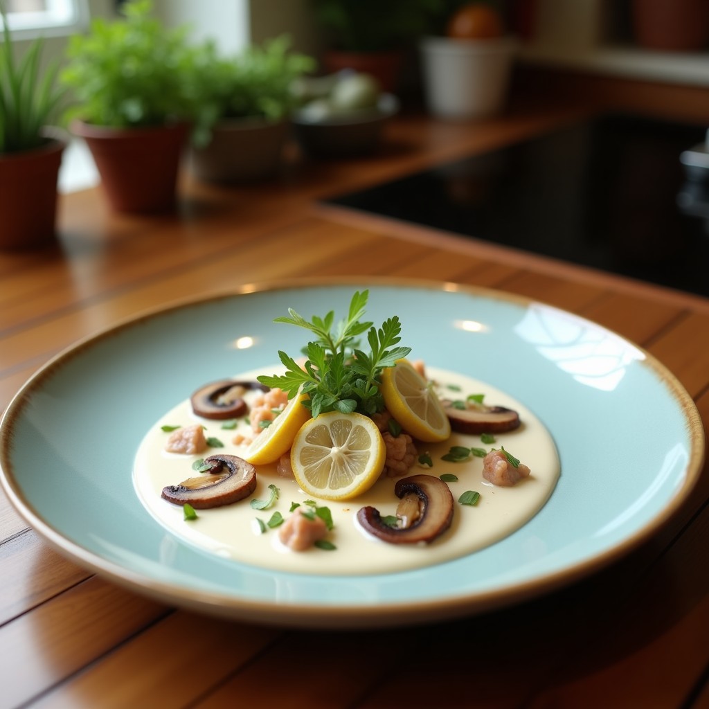 Plato blanco con ceviche de hongos ostra marinado en leche de coco y lima, decorado con cilantro fresco, rodajas de lima y semillas de sésamo tostadas, sobre fondo de madera oscura.
