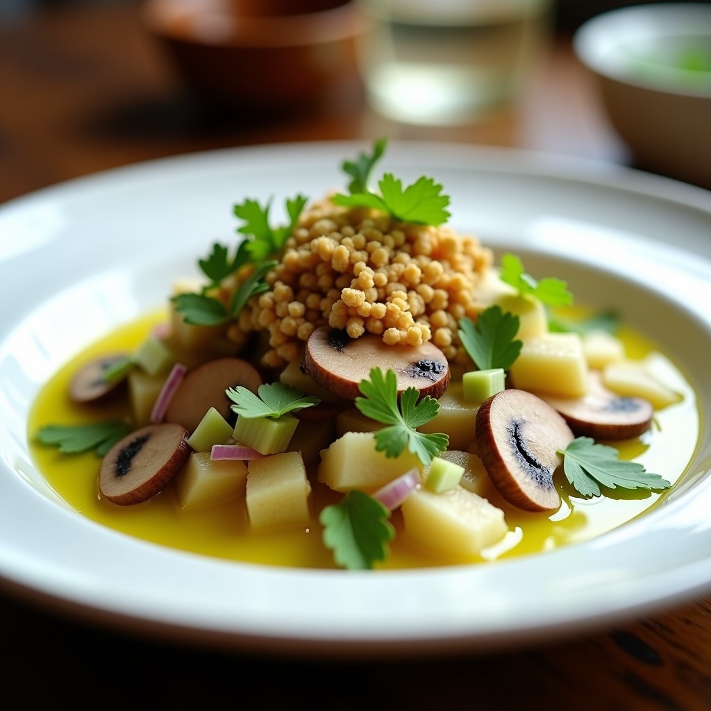Plato blanco con ceviche de hongos ostra marinado en leche de limón, acompañados de juliana de cebolla roja, apio y cilantro fresco, coronado con crujiente de quinoa dorada. Presentación fresca y colorida, típica de la cocina vegana peruana.