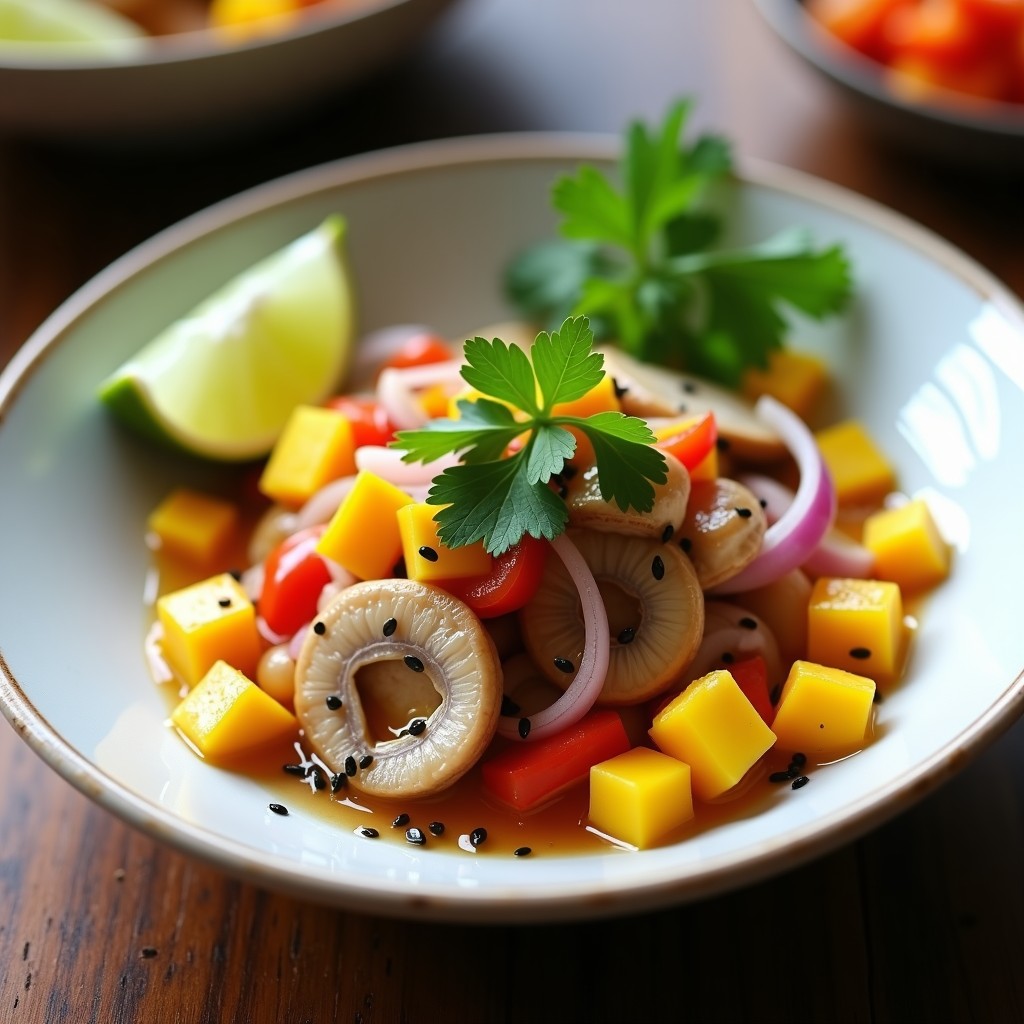 Ceviche vegano de hongos ostra y mango servido en un plato blanco hondo, con láminas de hongos marron claros, cubos dorados de mango, cebolla morada y cilantro fresco. Decorado con semillas de sésamo y rodeado de rodajas de limón verde.