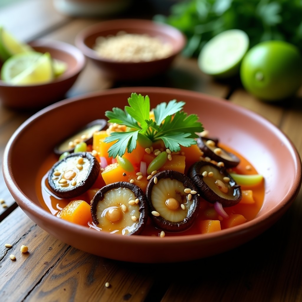Ceviche vegano peruano de hongos portobello en láminas marinados en leche de tigre naranja y limón, con cebolla morada, apio y algas wakame. Servido en plato hondo de barro con semillas de sésamo tostado y hojas de cilantro fresco.
