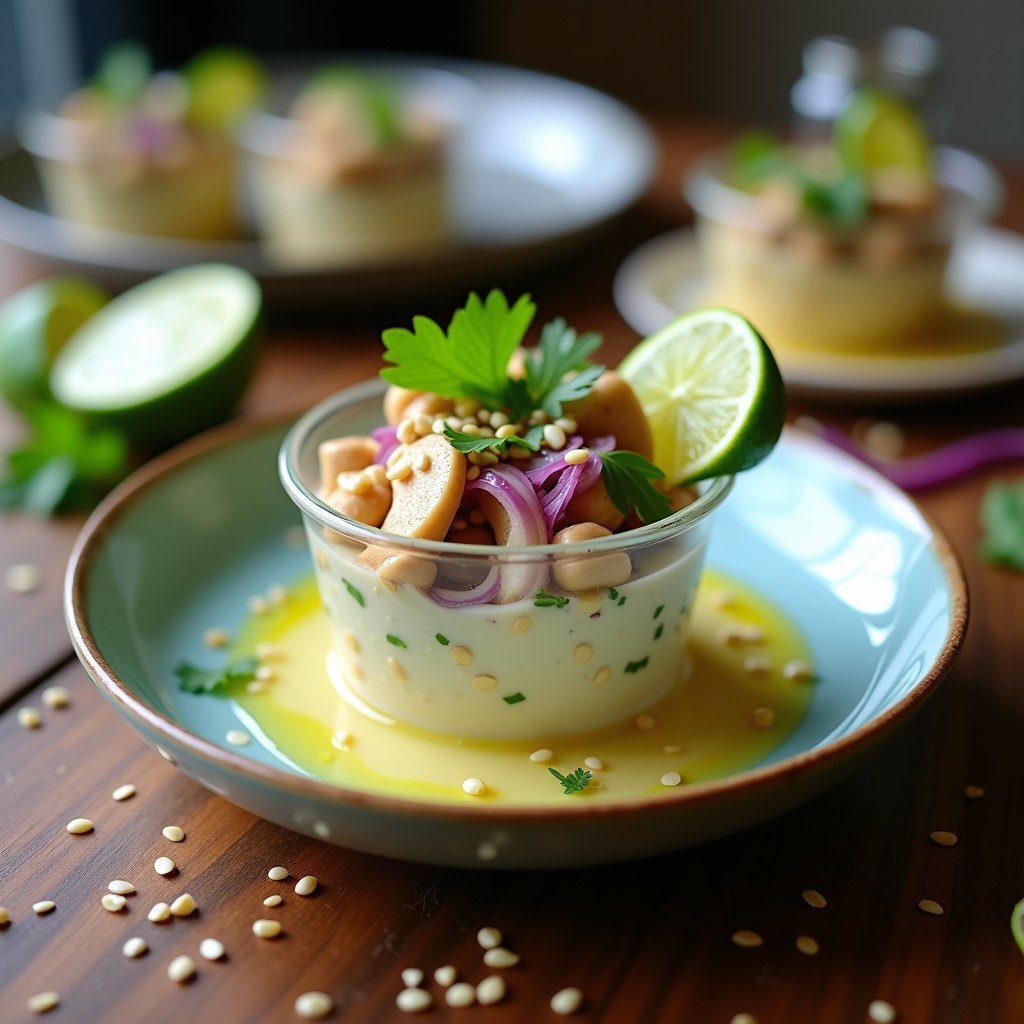 Ceviche vegano de hongos shitake con leche de tigernut servido en un plato blanco hondo, con láminas de shitake marinado en una salsa cremosa de color amarillento, decorado con semillas de sésamo negro, cilantro fresco y juliana de cebolla morada sobre un fondo rústico de madera.
