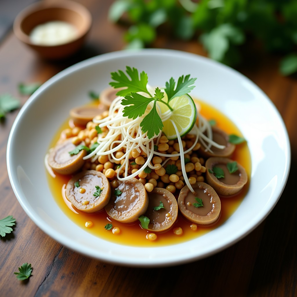 Ceviche de hongos shiitake y limón kaffir servido en plato blanco hondo, con láminas de hongos marinados en leche de tigre amarilla, decorado con semillas de sésamo negro, hojas de cilantro y gajos de limón kaffir fresco.