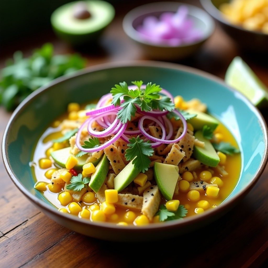 Ceviche vegano de jackfruit y lechuga de mar servido en plato de cerámica blanca, con leche de tigre amarilla, decorado con semillas de sésamo, hojas de shiso y cebolla morada en juliana. Receta peruana fresca y colorida.