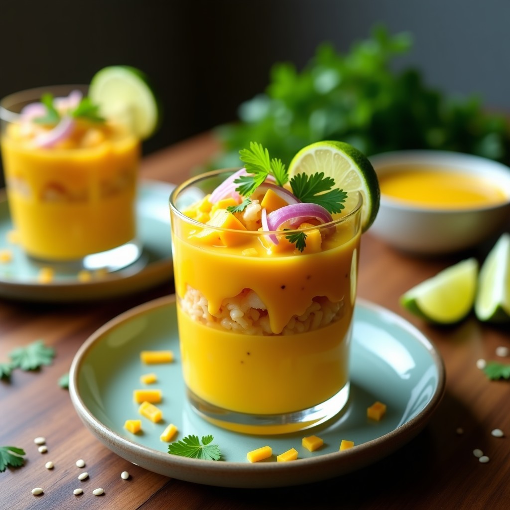 Ceviche vegano fusion peruano-tailandés de jackfruit y mango con leche de tigre de maracuyá, servido en plato blanco con decoración de menta fresca y cacahuetes tostados picados.