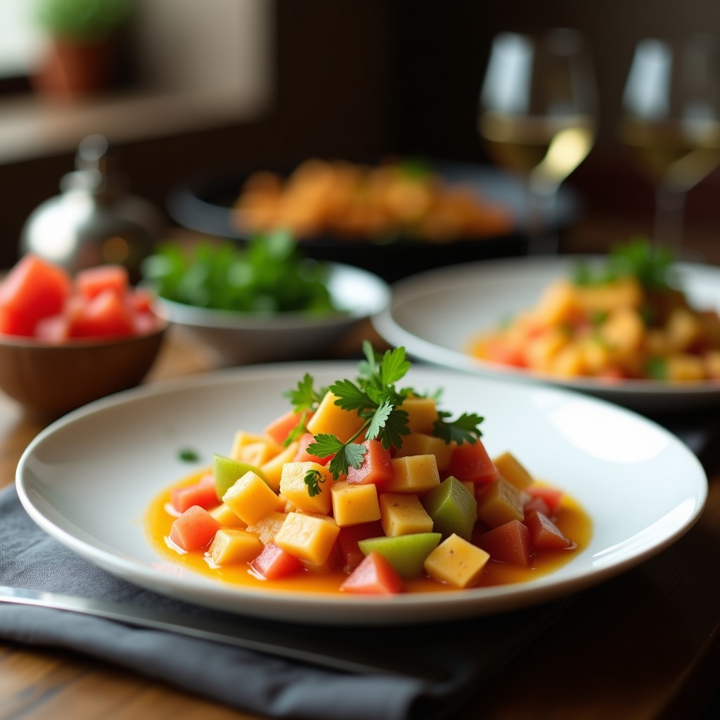 Ceviche de jicama y maracuyá servido en copa de cristal transparente, con cubos de jicama blanca, semillas de sésamo tostado y hojas de menta fresca, acompañado de rodajas de limón verde y cebolla morada en juliana, sobre un fondo de madera rústica.