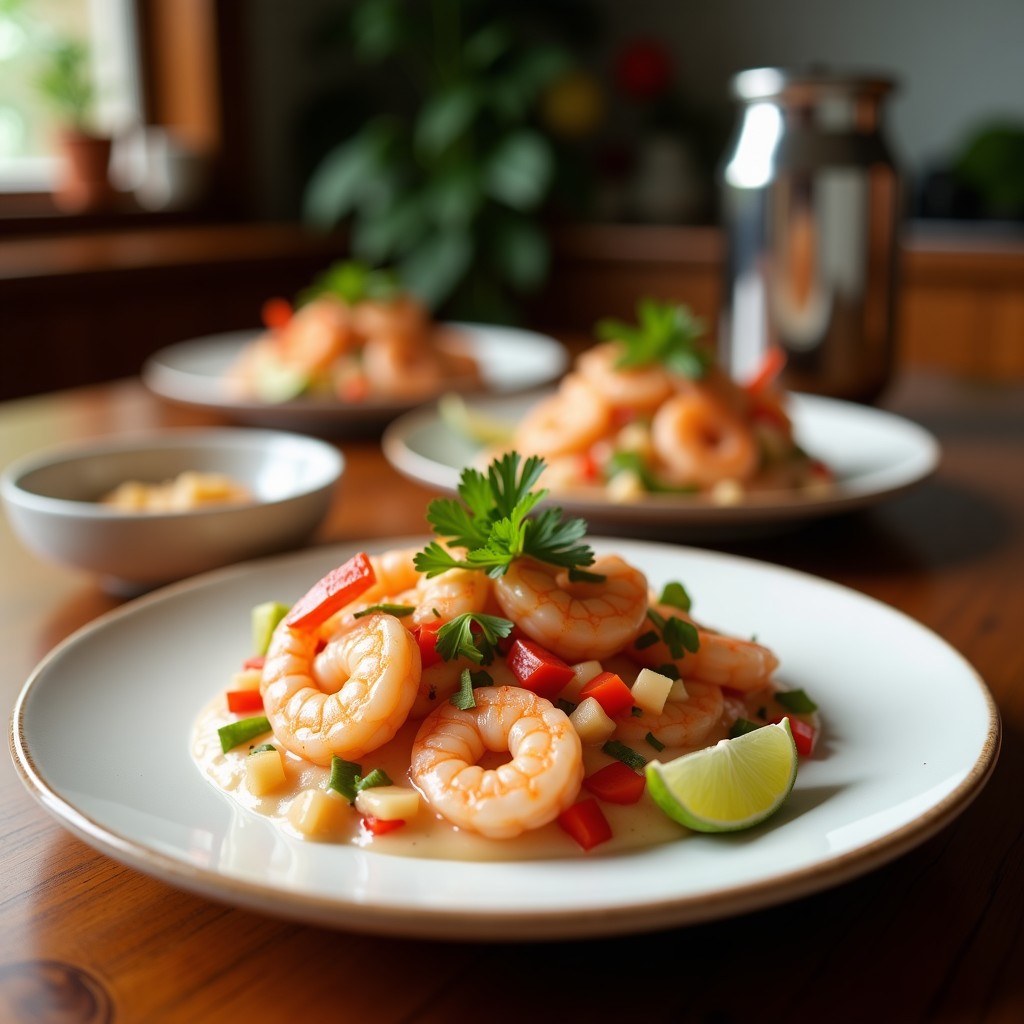 Ceviche de langostinos con leche de coco y chili servido en copa de cristal transparente, con trozos de langostino rosado, cebolla morada, pimiento amarillo y cilantro fresco, sobre fondo de madera oscura con limas y hojas de lima kaffir.