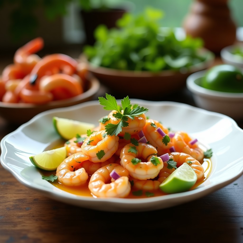 Ceviche de langostinos con maracuyá y limón verde servido en copa de cristal transparente, decorado con rodajas de limón verde, hojas de cilantro fresco y trozos de cebolla morada y pimiento rojo. Plato fresco y colorido típico de la cocina venezolana.