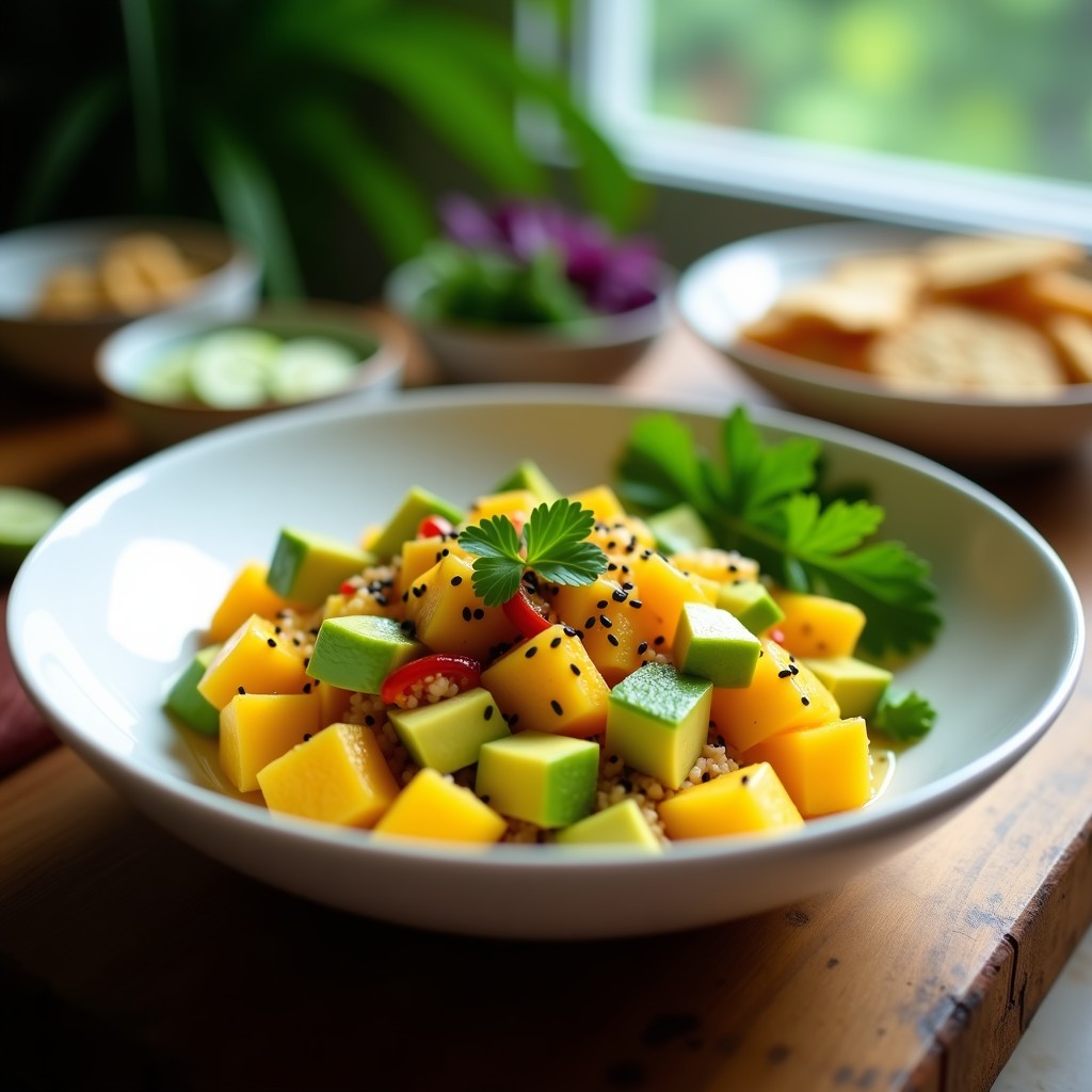 Ceviche tailandés vegano en bol de cerámica blanca, con cubos de mango amarillo y aguacate verde, decorado con hojas de cilantro, semillas de sésamo negro y rodajas de limón kaffir. Acompañado de galletas de arroz y hojas de lechuga morada.