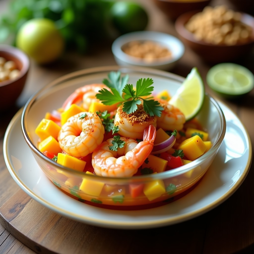 Copa de cristal transparente con ceviche de mango y camarones en airfryer, decorado con cacahuates tostados y hojas de cilantro, sobre fondo de madera rústica.
