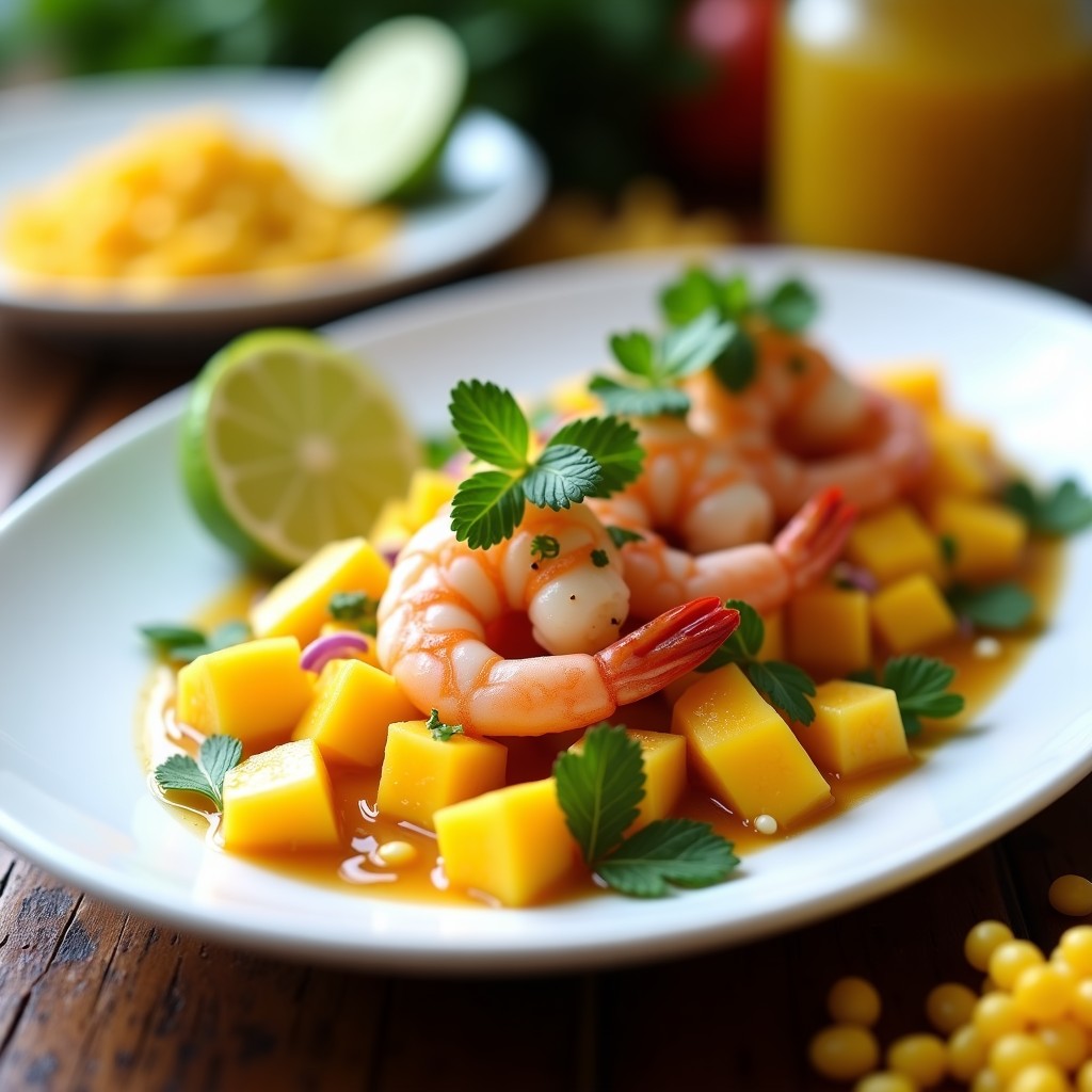 Plato blanco ovalado con ceviche de mango y langostinos, trozos de mango amarillo brillante, langostinos rosados marinados, cebolla morada en juliana, cilantro fresco y semillas de sésamo. Decorado con hojas de menta y rodeado de cancha serrana. Receta peruana tropical sin cocción.