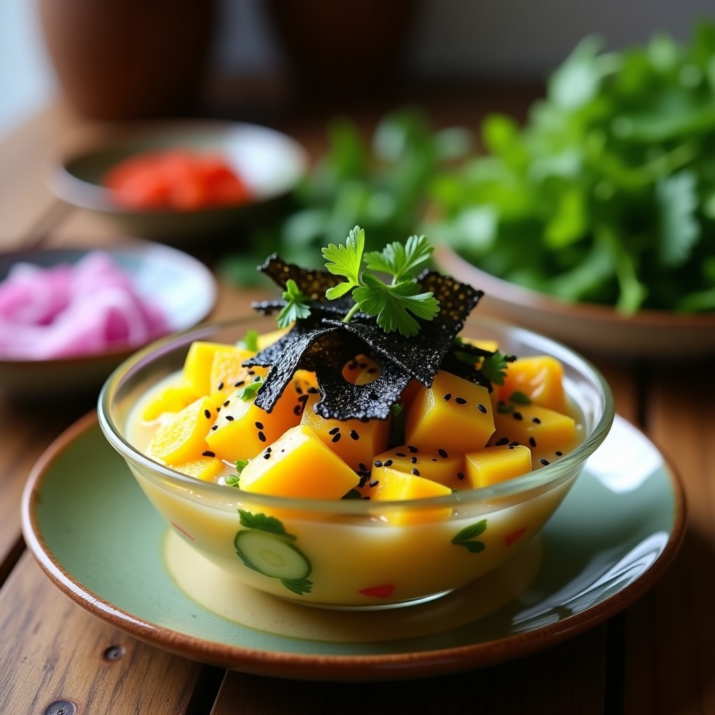 Ceviche de mango y pepino con algas nori servido en copa de cóctel con decoración de semillas de sésamo negro y hojas de cilantro, fondo de madera rústica.