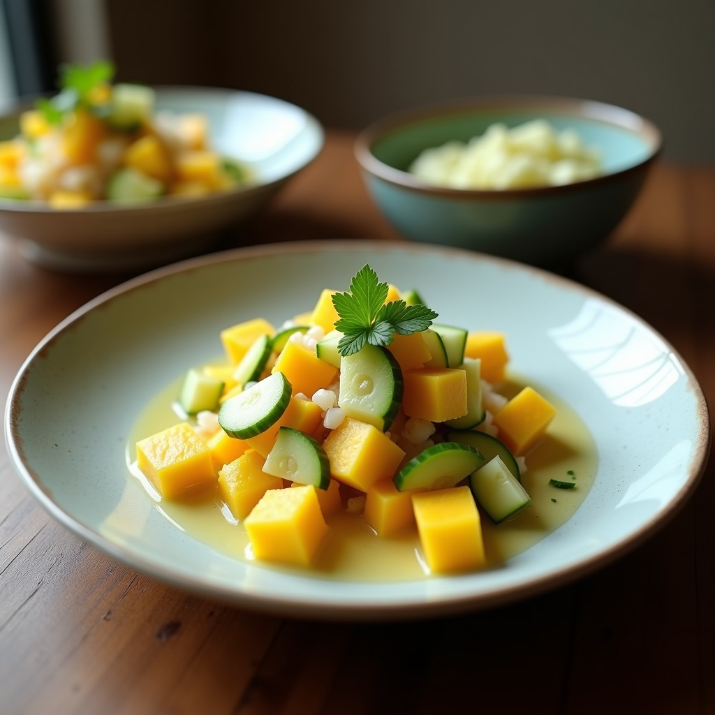 Ceviche vegano tropical de mango y pepino con leche de coco, servido en un bol de cerámica blanca sobre fondo de madera. Trozos dorados de mango y pepino verde bañados en una salsa cremosa de leche de coco, decorado con semillas de sésamo, cilantro fresco y hojas de menta. Plato fresco y colorido, ideal para días calurosos.