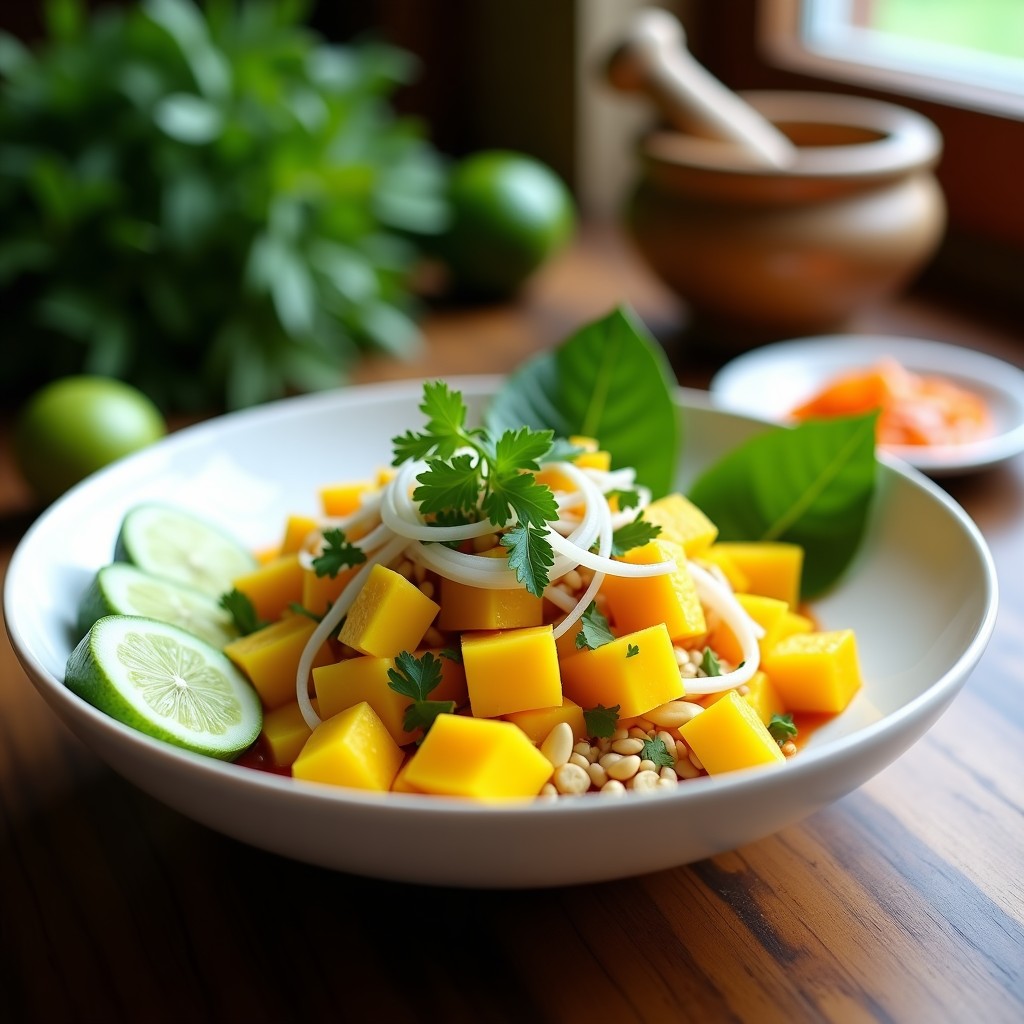 Ceviche tailandés de mango y pepino con limón kaffir servido en un bol de cerámica blanca, decorado con cilantro fresco y cacahuetes picados, con rodajas de lima al lado y hojas de lechuga como base.