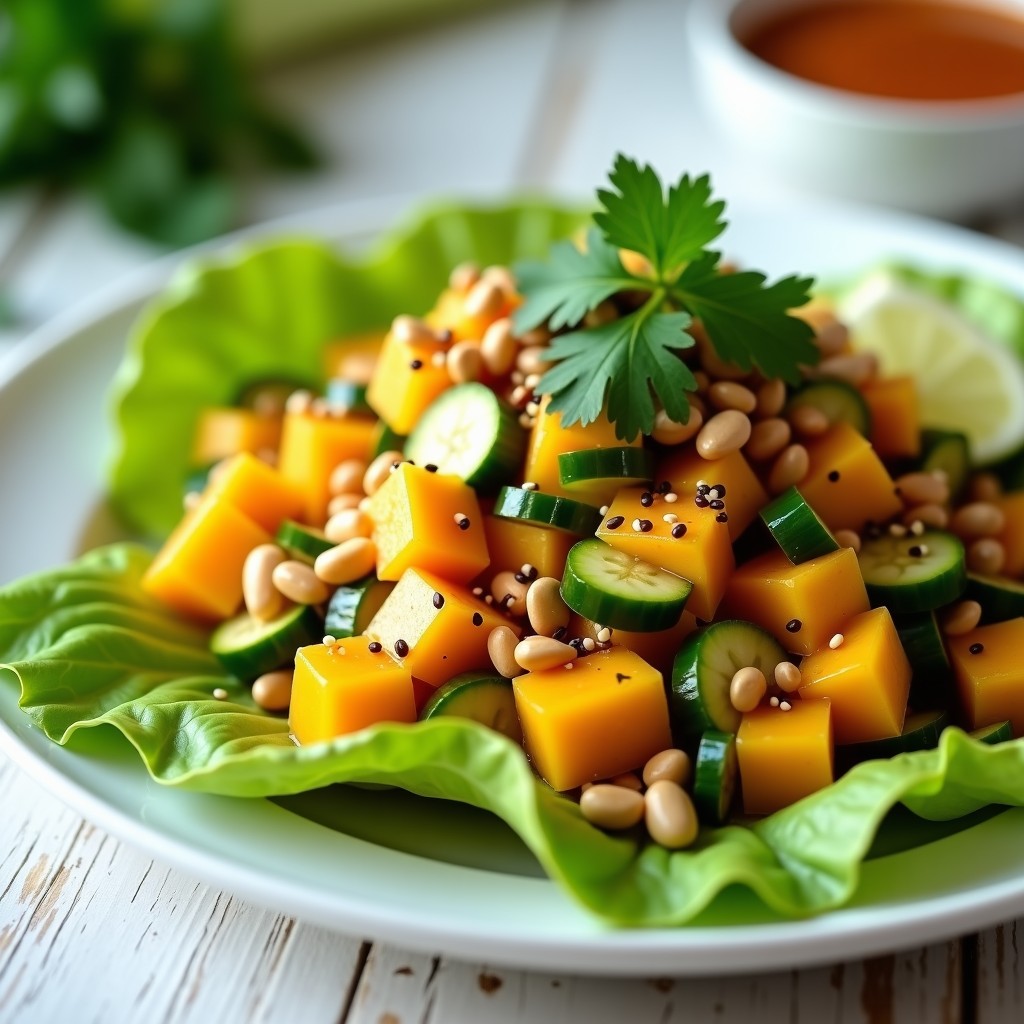 Plato blanco con ceviche de mango y pepino en cubos, bañado en salsa de tamarindo dorada, decorado con cacahuetes picados, semillas de sésamo negro y hojas de cilantro y menta sobre hojas de lechuga romana. Receta tailandesa fresca y sin pescado.