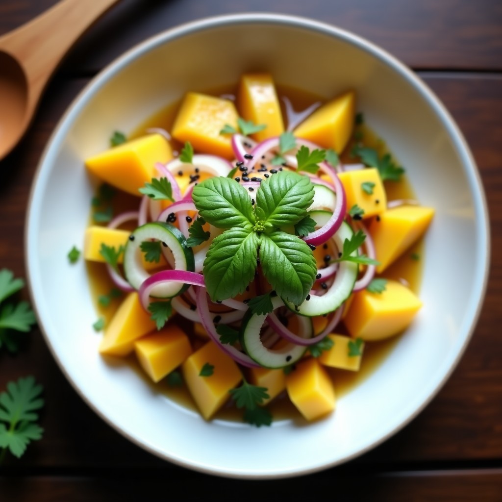 Copa de cristal transparente con ceviche de mango y pepino en cubos, bañado en vinagreta de yuzu, decorado con semillas de sésamo negro y hojas de menta. Plato tailandés crudivegano fresco y colorido.