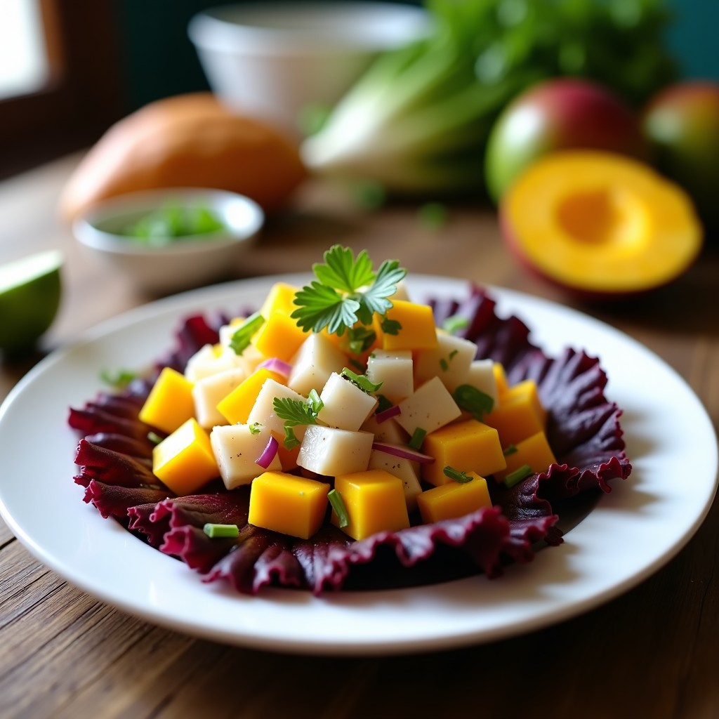 Ceviche de mango y pez sierra con lechuga morada servido en un plato blanco hondo, con trozos de mango amarillo, dados de pescado blanco, cebolla morada en juliana y hojas de lechuga morada. Decorado con semillas de sésamo y culantro fresco, bañado en leche de tigre amarilla y acompañado de hielo picado.