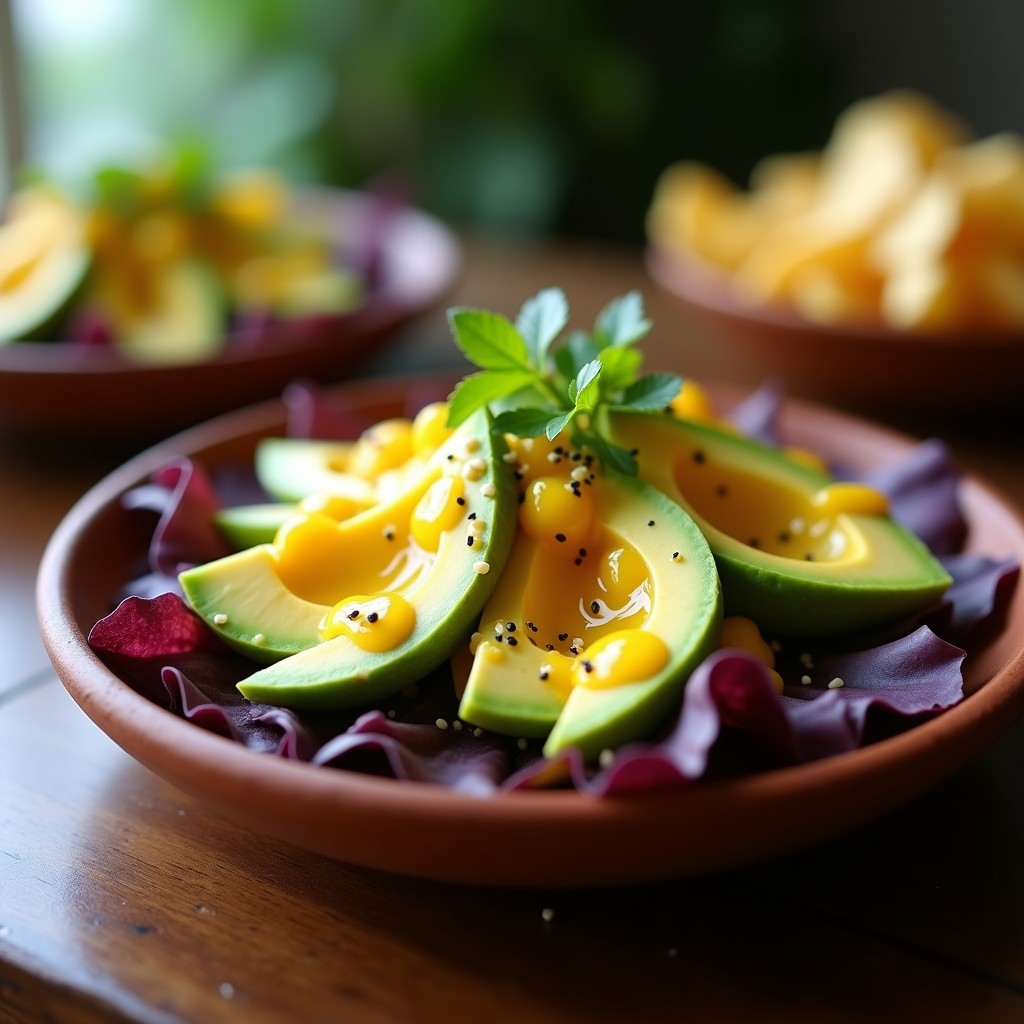 Ceviche de mango verde y aguacate con leche de tigre de maracuyá y jengibre servido sobre hojas de lechuga morada, decorado con semillas de sésamo y cilantro fresco.