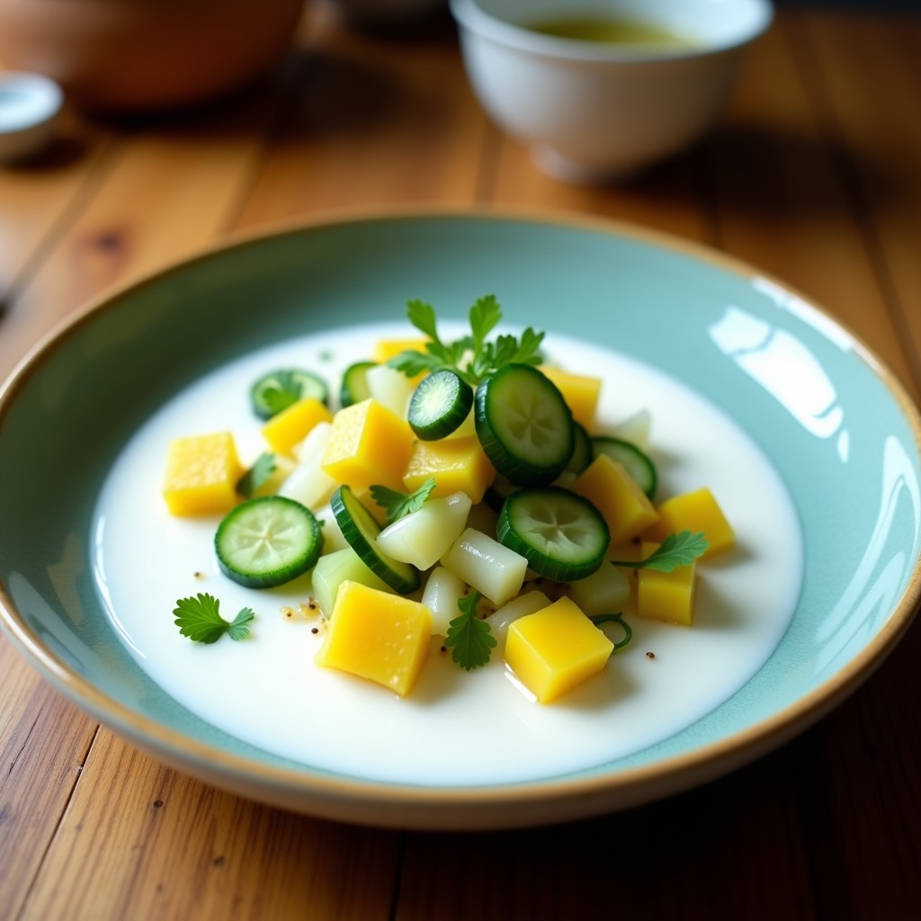 Ceviche de Mango Verde y Pepino con Leche de Coco: Receta Tailandesa Sin Pescado