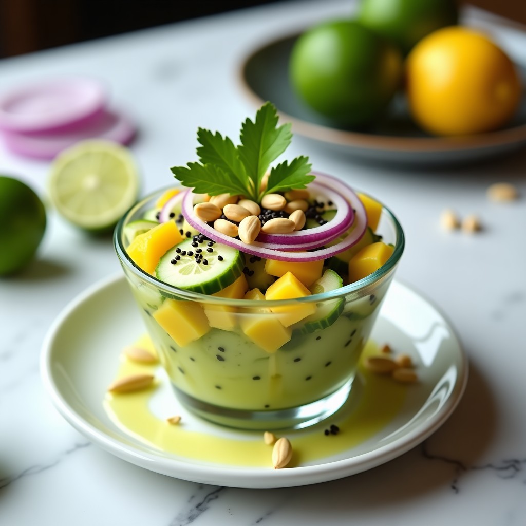 Ceviche de mango verde y pepino con aliño de limón kaffir servido en copa de cristal sobre fondo blanco, decorado con semillas de sésamo negro y cilantro fresco, receta peruana-tailandesa fresca y colorida.