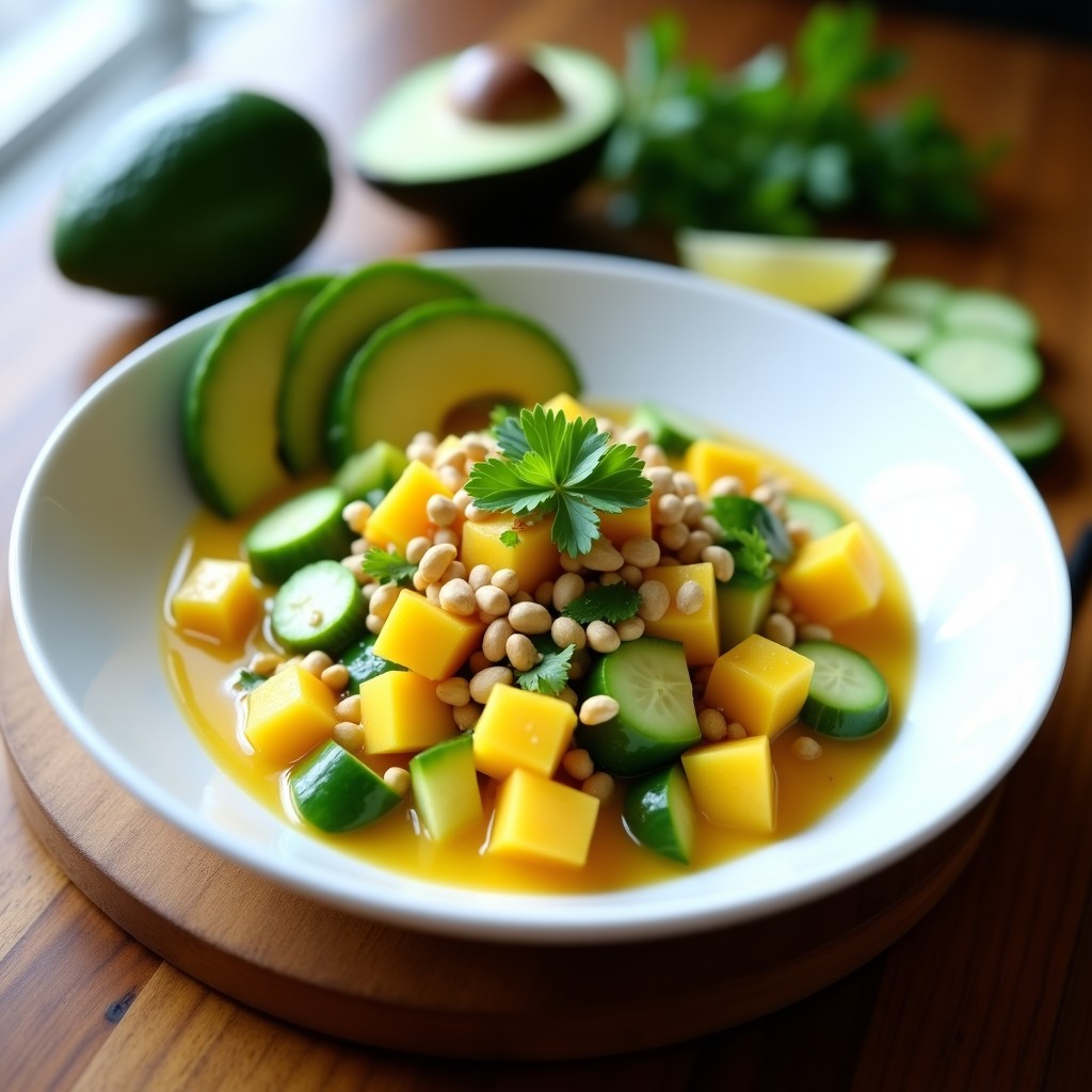 Ceviche vegano colombiano de mango verde y pepino en copa de vidrio transparente, bañado en tigre de lulo dorado, decorado con maní picado, cilantro y hojas de hierbabuena. Plato fresco y colorido con tostadas de maíz al lado.