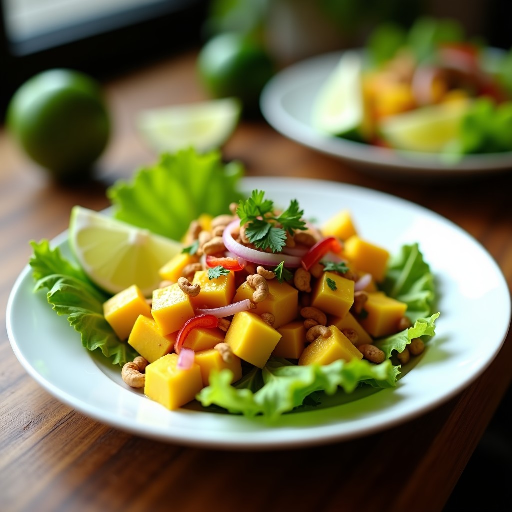 Plato blanco con ceviche de mango verde y pimiento rojo asado, decorado con cilantro fresco y anacardos tostados, servido sobre hojas de lechuga romana, con rodajas de limón verde al lado.