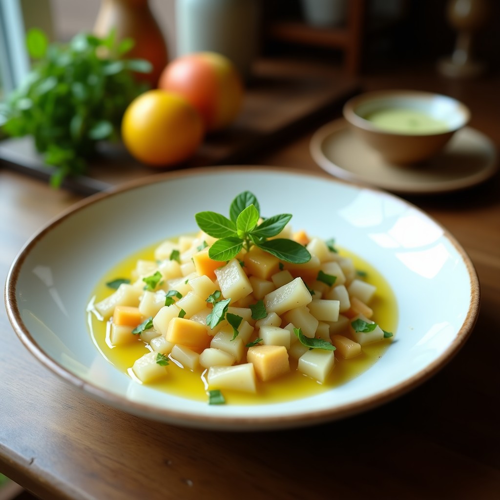 Ceviche vegano de manzana verde y jicama servido en copa de cristal transparente, con trozos crujientes de manzana Granny Smith, jicama en juliana, cebolla morada, pimiento rojo y semillas de sésamo. Acompañado de hojas de cilantro fresco y rodajas de lima, sobre una mesa rústica de madera con luz natural.