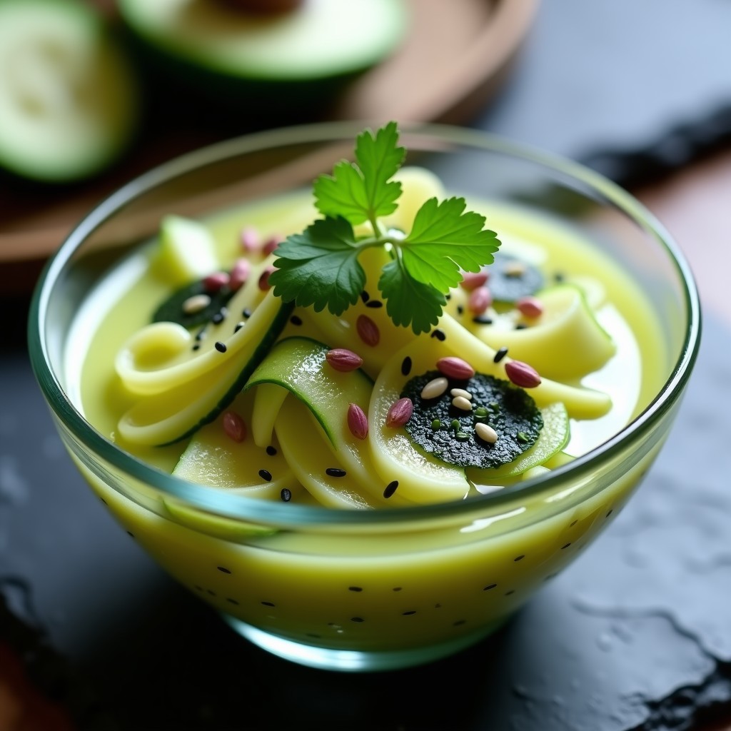Ceviche vegano de algas nori y pepino en leche de tigre de yuzu, servido en copa de cristal con semillas de sésamo negro y pimienta rosa. Plato fresco, detox y de colores vibrantes.